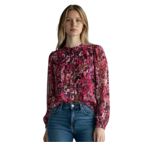 CHICO’s Floral Chiffon Ruffle Semi-Sheer Blouse in Pinks/White/Black Size 3 (16) - Picture 9 of 9